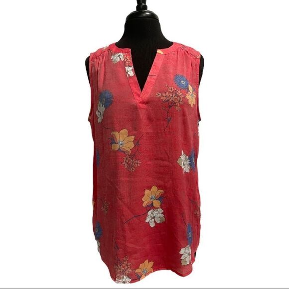 𝅺fred David Split Neck Sleeveless High Low Floral Detailed Top Sz L - Picture 1 of 12